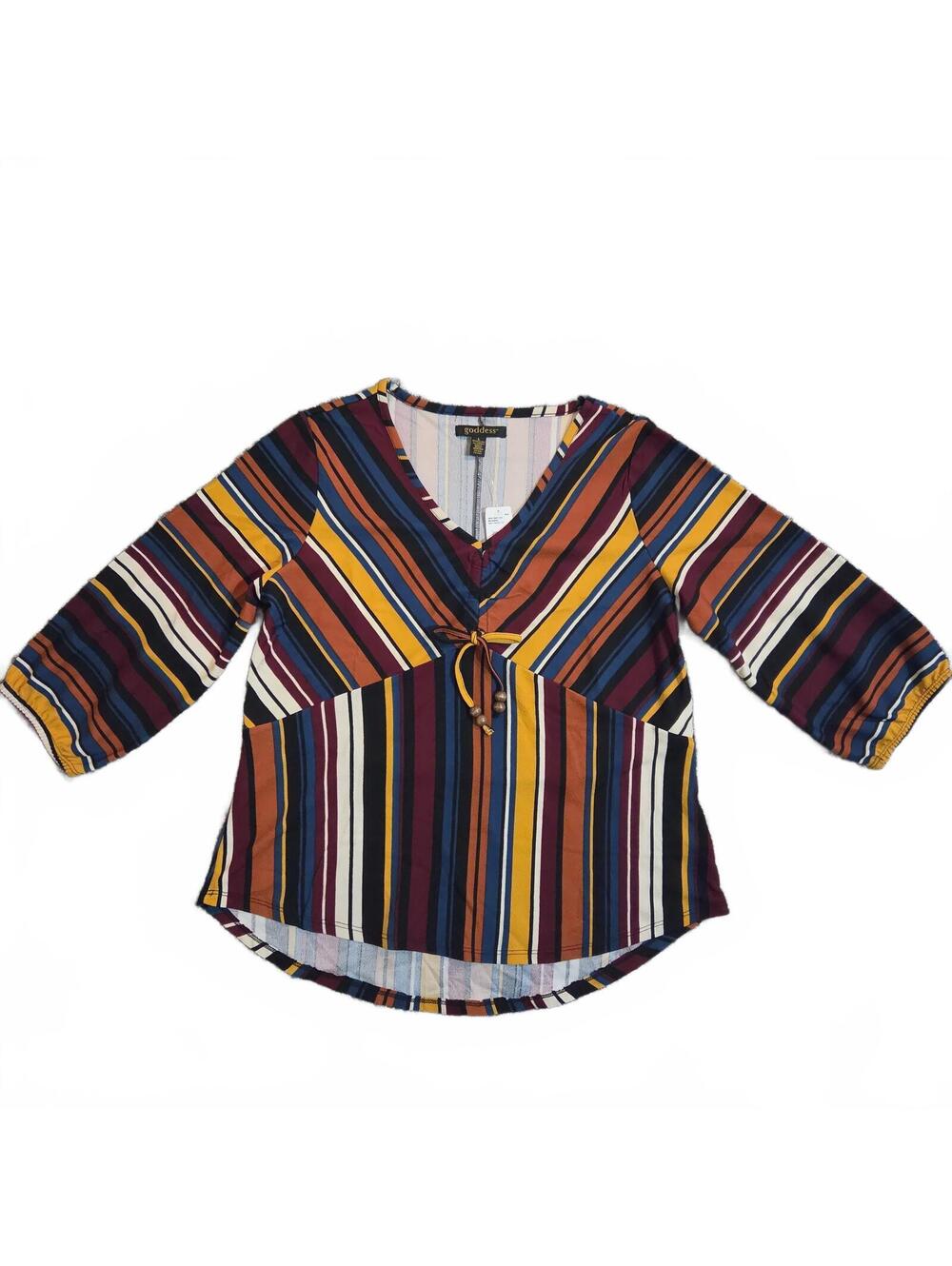 Goddess Women's Large Multicolor Striped Tie-Front V-Neck Blouse